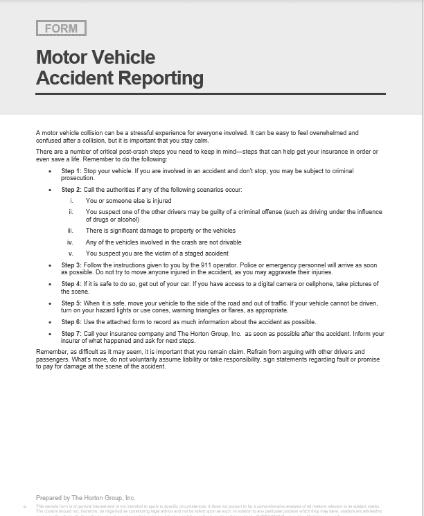 Sample Moter Vehicle Accident Reporting steps. For sample forms to use in the case of an accident, click the image above and view pages 32-37.