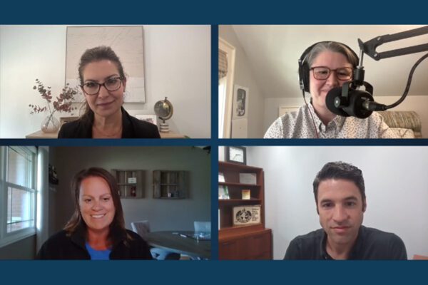 A screenshot taken of "The One Thing Podcast" Tfeaturing our hosts, Robin Bettenhausen and Tom Kallai and two guests from Nonstop Health: Leslie Brown Albright, Director of Business Development, and Lori Hubler, Benefits Consultant.