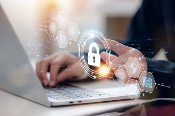 Cyber security and data protection on internet. Person touching virtual shield, secure access, encrypted connection. Password protected system and storage.