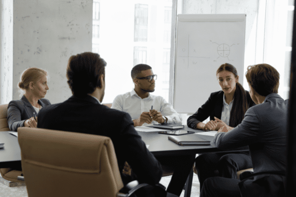 Diverse young and middle-aged partners engaged in group meeting, gathered in board room listen to team leader share ideas, offer solutions looks serious and confident. Business workshop event concept.